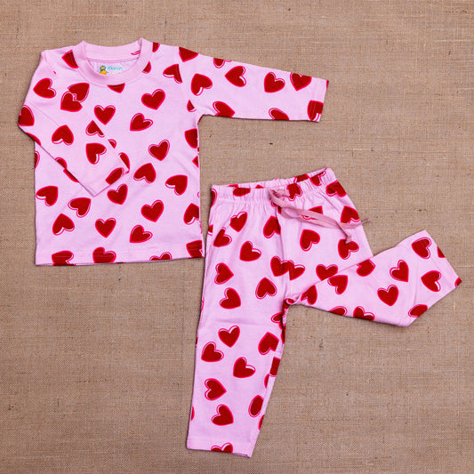 Co-ord Sets for Babies Baby Pink with heart Print  | 100% COTTON | Mango Minis