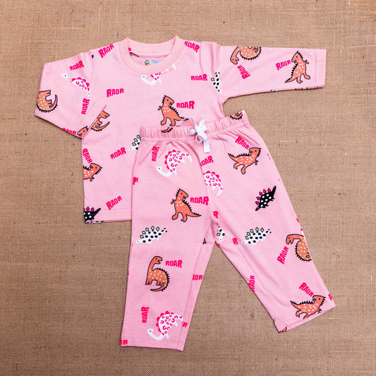 Sweet sophistication for your baby! Baby pink co-ord set with adorable dinosaur print from Mango Minis - a perfect blend of comfort and cuteness for your little one's wardrobe."